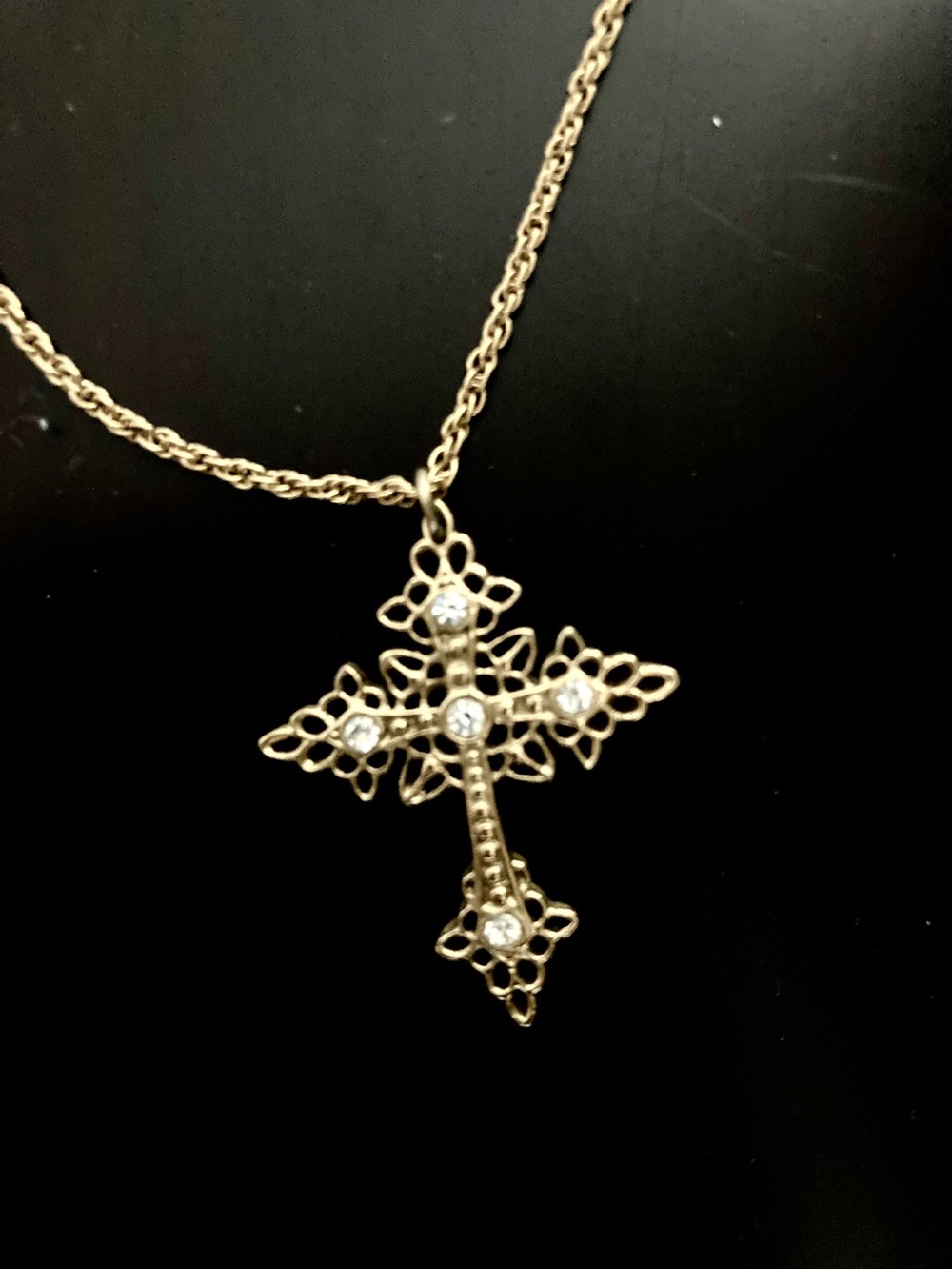 1928 Delicate Gold Cross Pendant Necklace with Crystal Accents